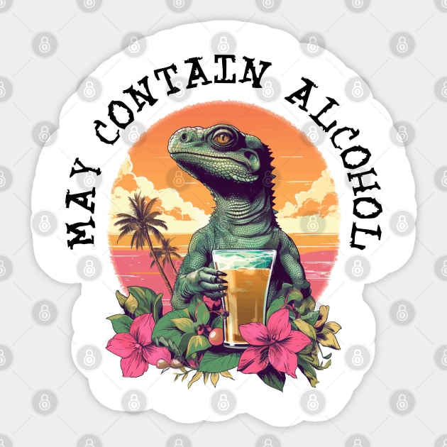 Green Lizard Holding Beer - May Contain Alcohol (Black Lettering) Sticker by VelvetRoom